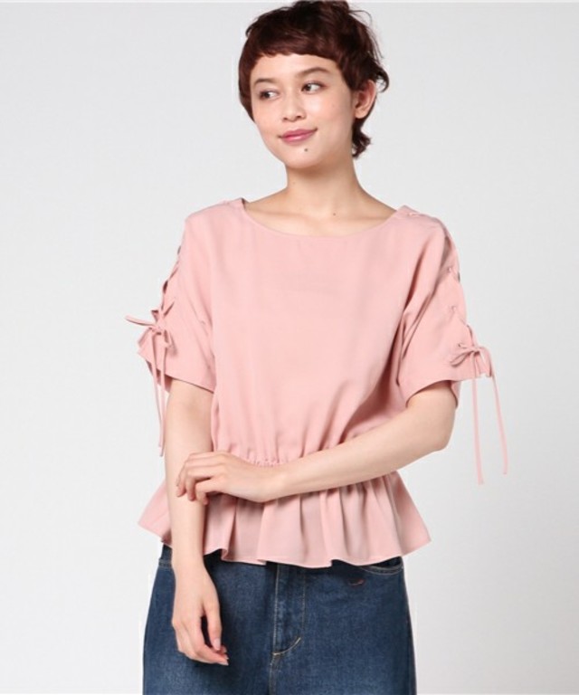 レース アップ スリーブ ペプラム ブラウス