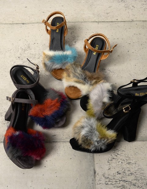 チャンキーヒール厚底ファーサンダル