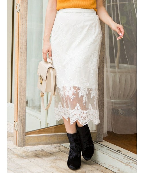 刺繍レースタイトスカート