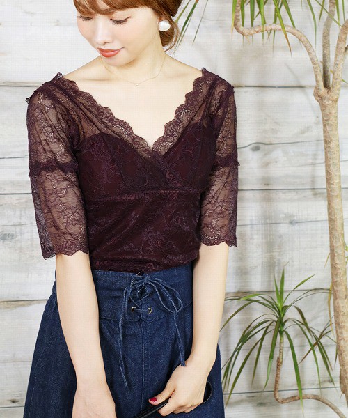 カップ付きストレッチレース五分袖