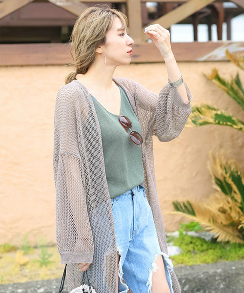 鍵編みサマーニットリネンブレンドドロップショルダーローゲージニット長袖ロングガウンカーディガン