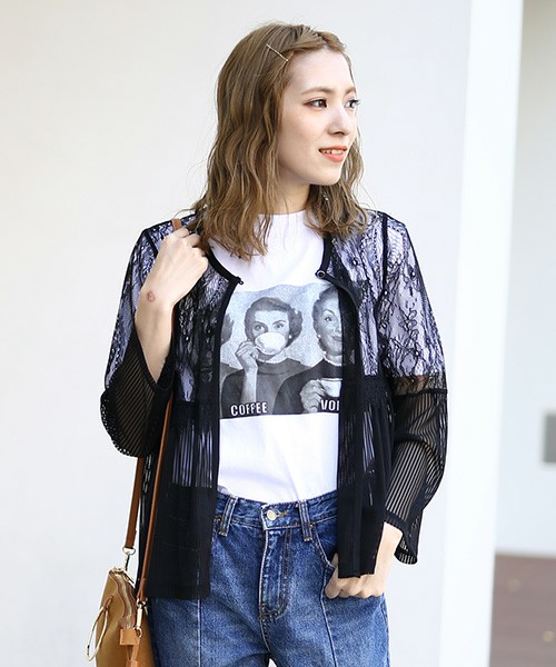 ヴィンテージ風ヘムパイピング長袖ブラウスカーディガン