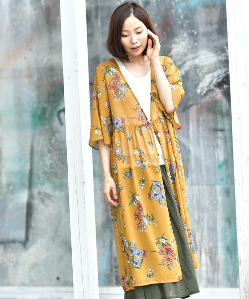 プリント柄半袖ロングガウン