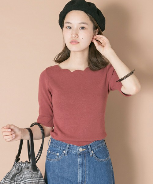 スカラップボートネック強撚ニット