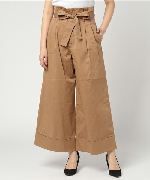 コットンストレッチギャバ裾ターンバックウエストリボンワイドパンツ