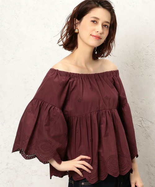 エンブロイダリーレース カットワーク オフショルダー ブラウス