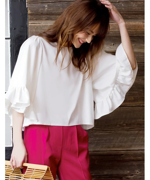 フレアスリーブパワショルブラウストップス