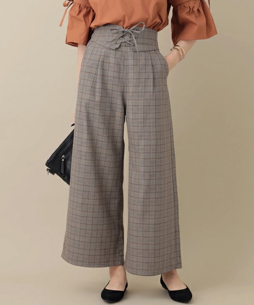 OLIVEレースアップベルト付グレンチェックパンツ