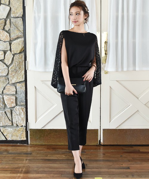 レースデザインケープトップス＆タックパンツセットアップ