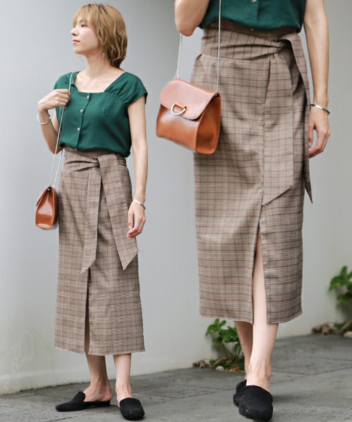 チェック柄ハイウエストリボンロングタイトペンシルフレアスカート