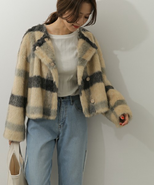 チェックエコファーショートコート