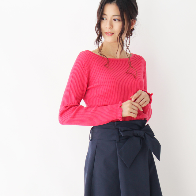 【洗える】袖フリルリブニットプルオーバー