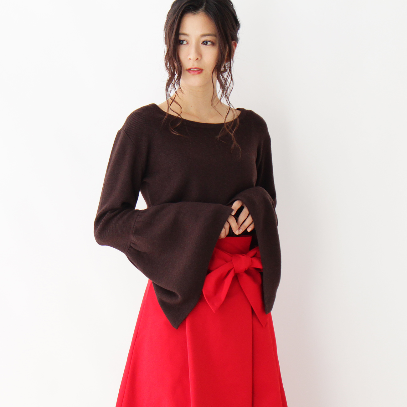 【洗える】フレアスリーブリブニットプルオーバー