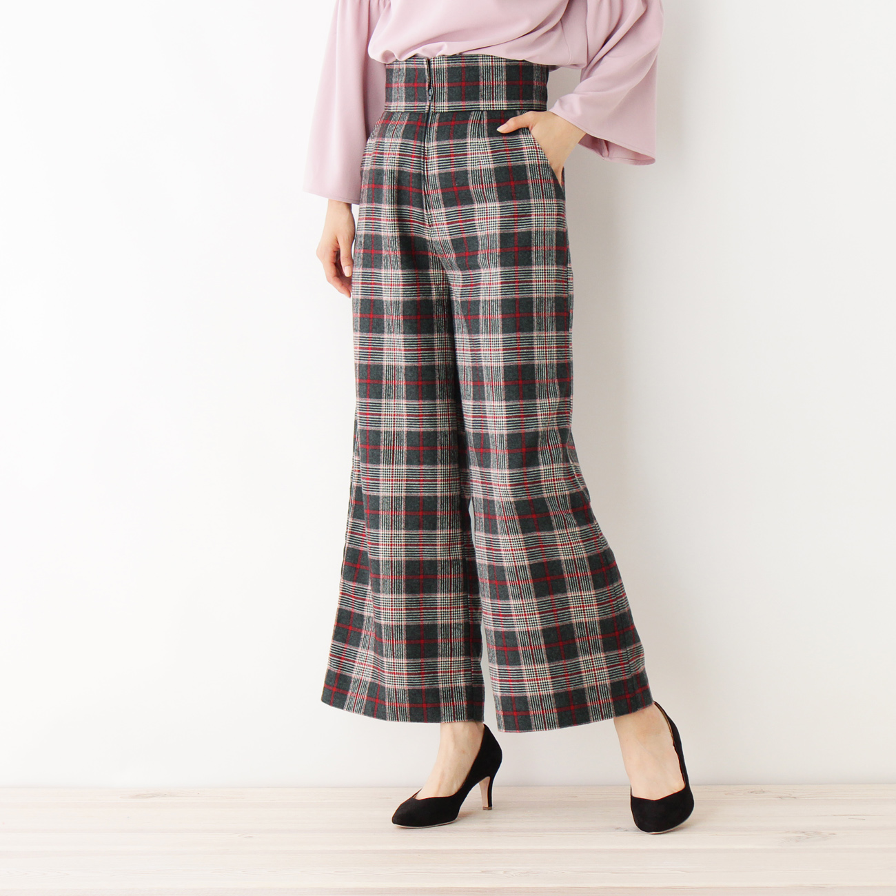 【洗える】レースアップチェックワイドパンツ