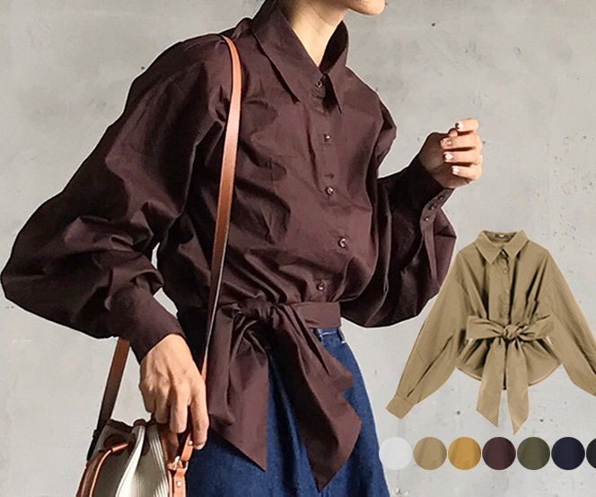 リボン付きバルーンスリーブブラウス