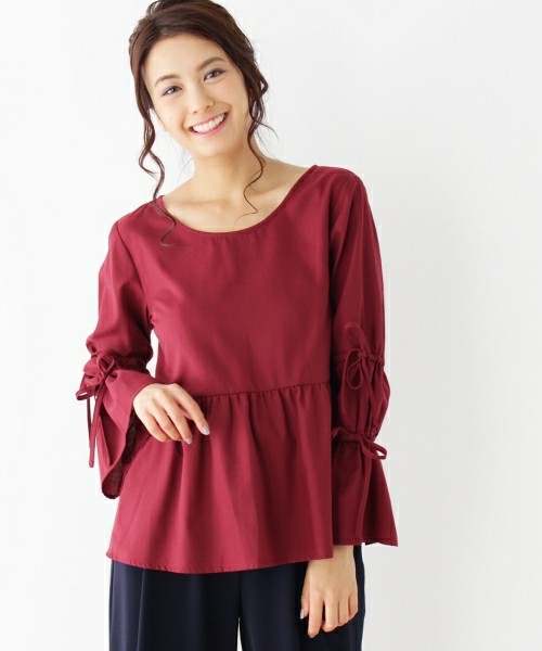 防シワ起毛ベルスリーブリボンブラウス