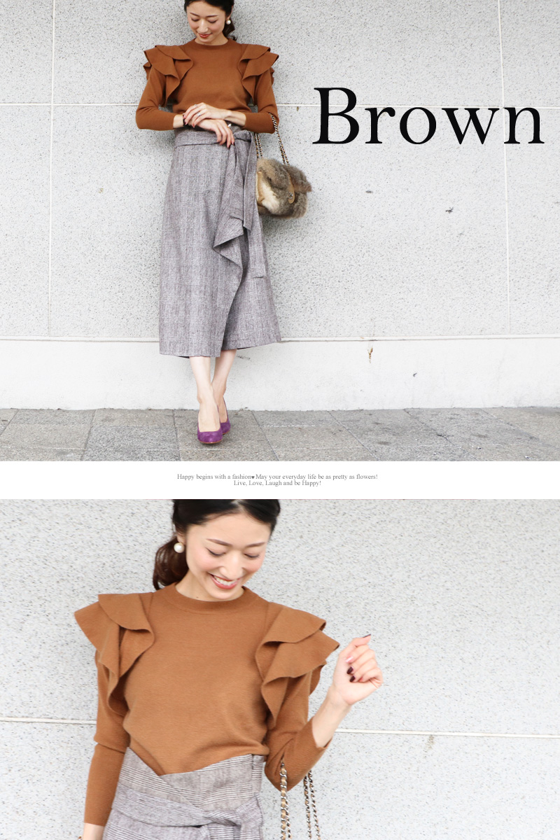 肩フリル9分袖ニット