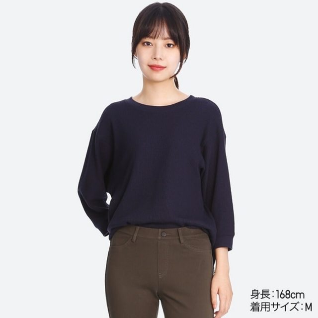 ワッフルクルーネックT（7分袖）