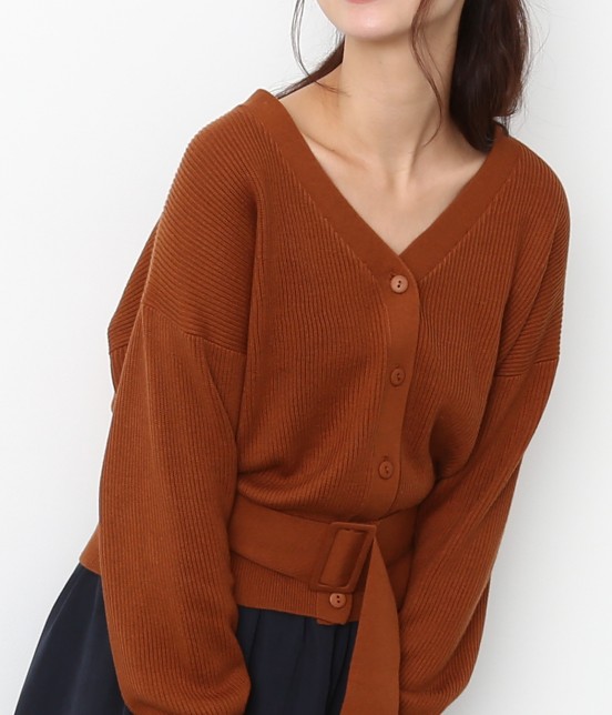 ベルト付き畦編みボリュームスリーブカーディガン