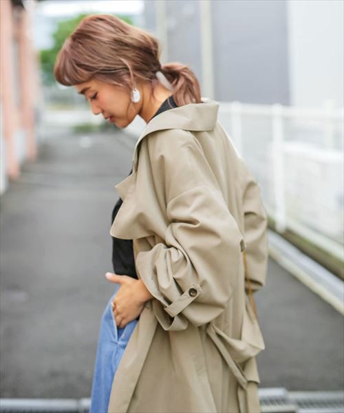 ワイドスリーブデザインボタン調節可能ウエストリボン付きオーバーシルエットトレンチコート