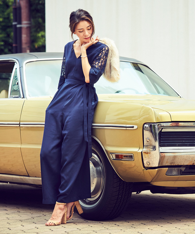 袖レース切り替えオールインワン