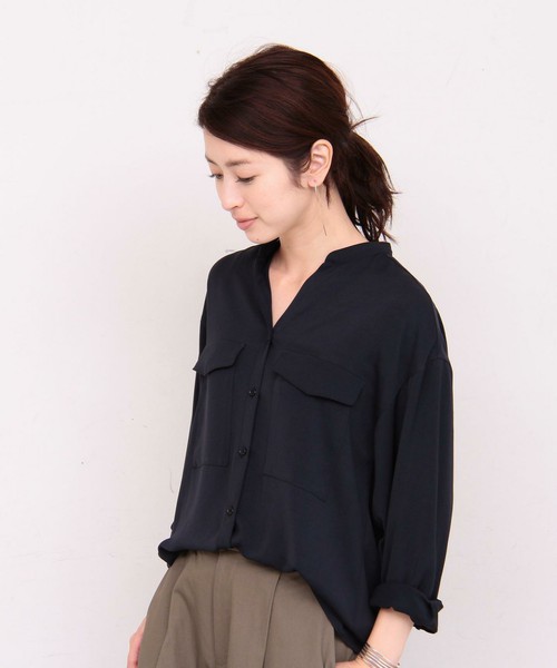 マットサテンミリタリースタンドカラーシャツ 3 -手洗い可能-