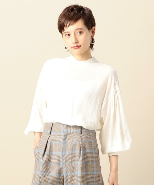 BY ウォッシャーギャザースリーブスタンドカラーブラウス