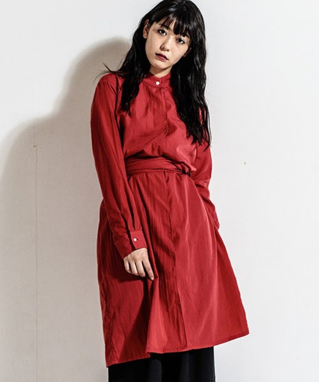 rw1612-スタンドカラーウエストリボンシャツワンピース