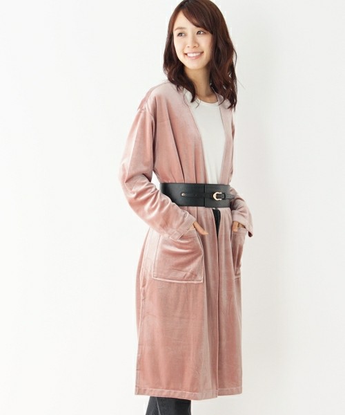 ベロアウエストリボン付ロングカーディガン