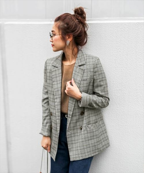 グレンチェックフロントポケットバックスリット肩パット入りダブルジャケット