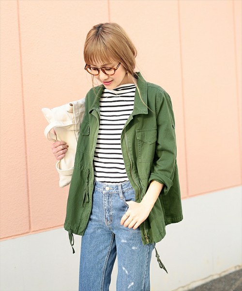 ウエスト絞り紐付き2wayコットン長袖ミリタリージャケット