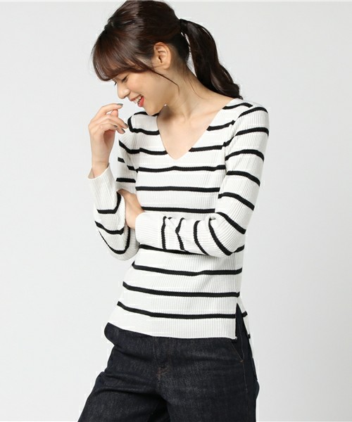 Vネックリブウォッシャブルニット