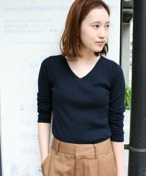ウォッシャブルウールワイドリブ Vネックプルオーバー