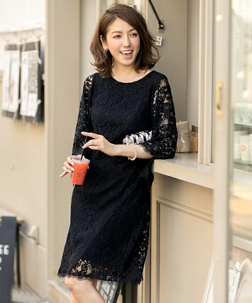 ボリュームスリーブ総レースワンピース