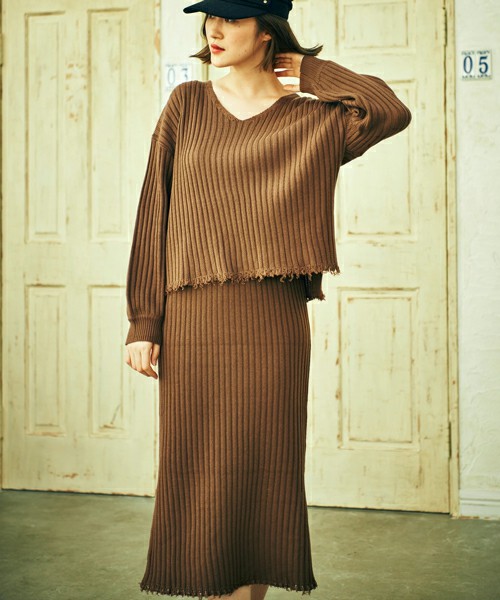 コットンアクリル ダメージリブニットセットアップ