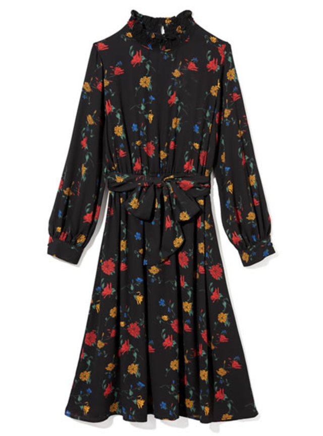 ウエストリボン付花柄ハイネックワンピース