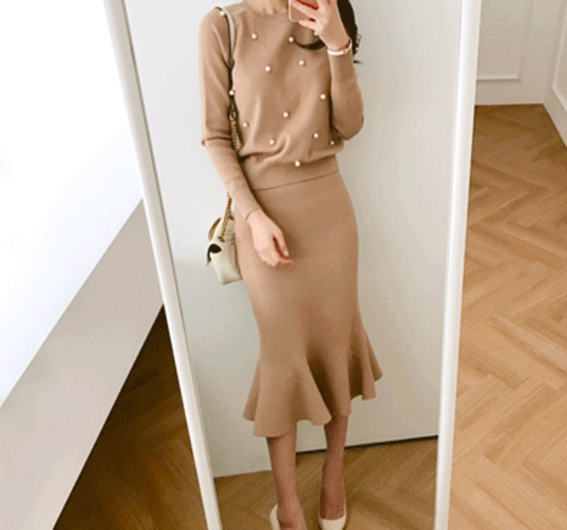 【トップス+スカートSET】目を引くパールツーピースセット