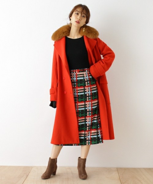 リアルフォックスファー付ウールロングコート