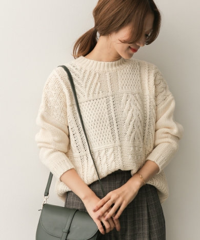 アラン柄パッチワークプルオーバー