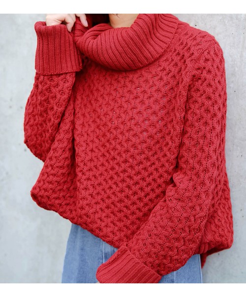 裾サイドジップ長袖ロング丈タートルニット