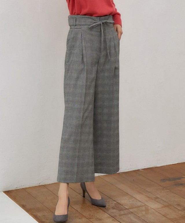 サッシュベルトチェックワイドパンツ