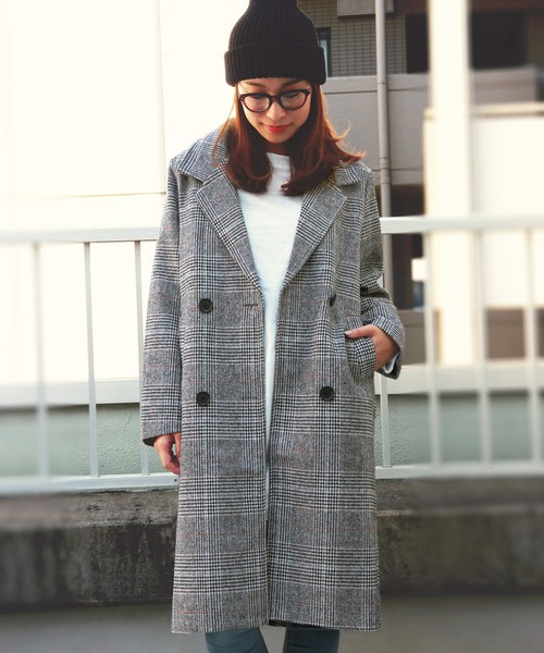 グレンチェック柄ダブルボタンフェイクウールコート