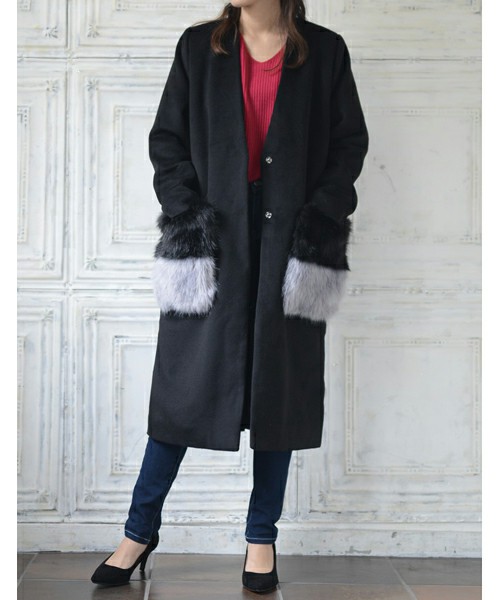 エコファーポケットノーカラーロングコート