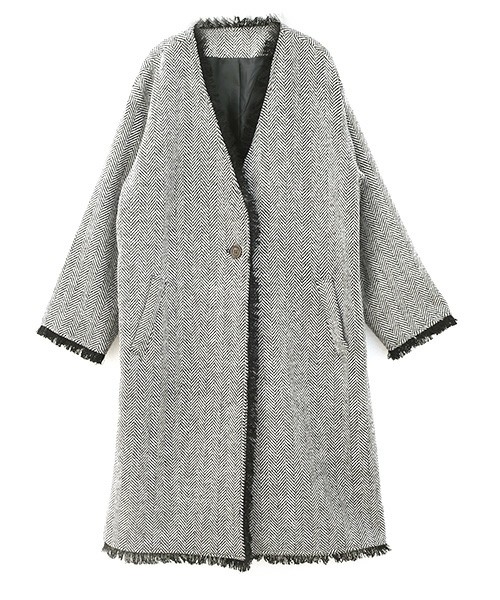 ヘリンボーンツイード・フリンジノーカラーコート