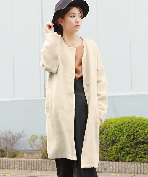 シャギーノーカラーロングコート