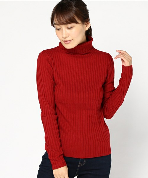 カシミヤタッチタートルネックリブニットトップス