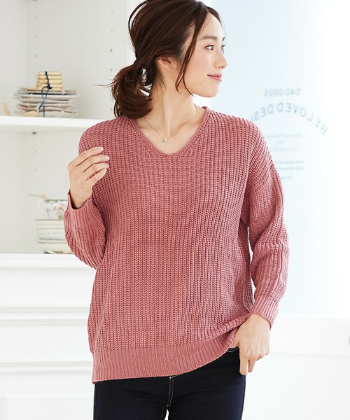 Vネック畦編みニットトップス