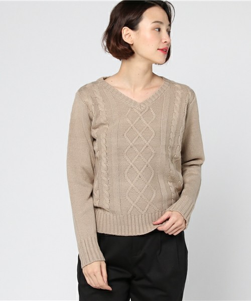 アラン編みケーブルニットトップス