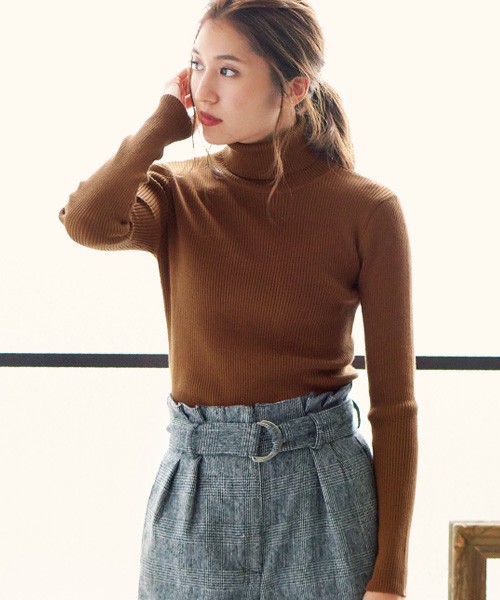 リブタートルネックニットトップス