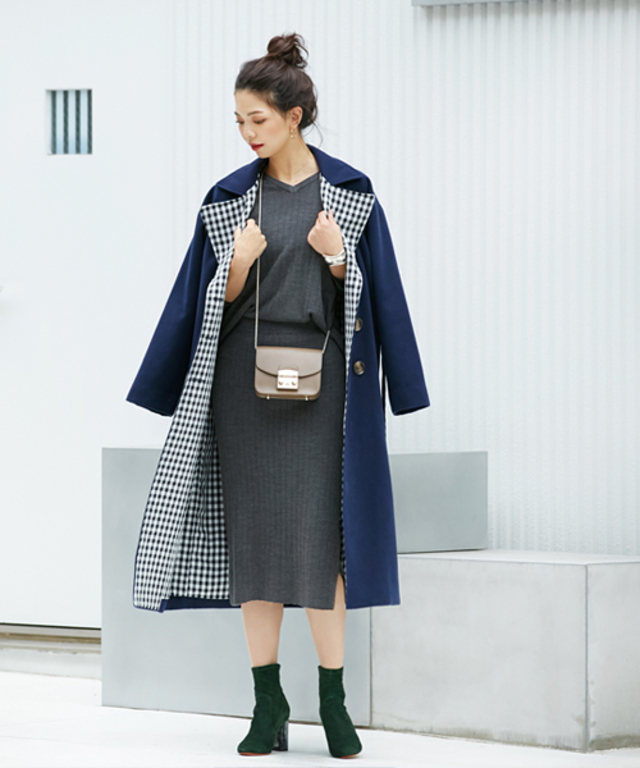 裏地ギンガムチェックロングコート